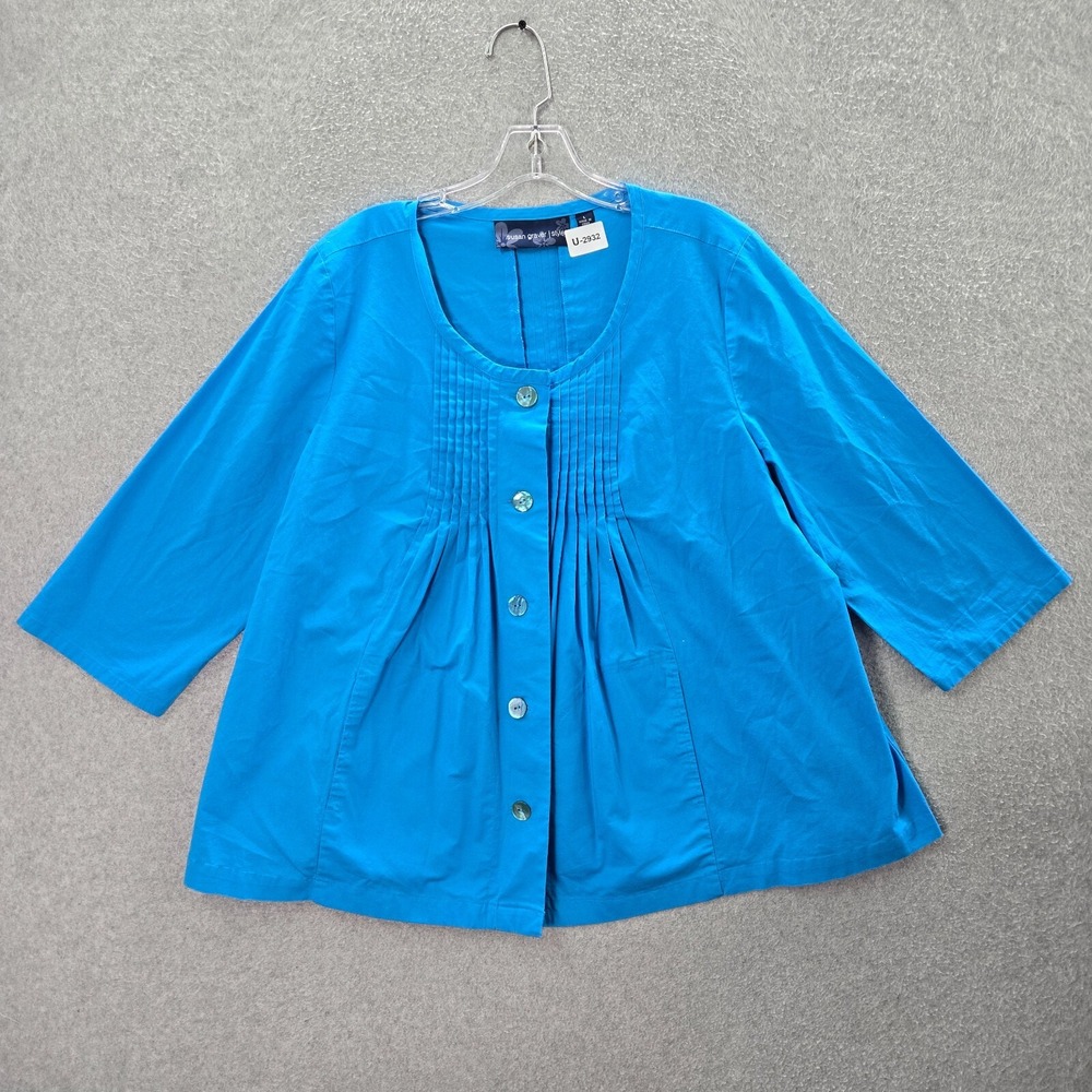 Susan Graver Women Top Large Blue Pleated Blouse 3/4 Sleeve Button Up Collar